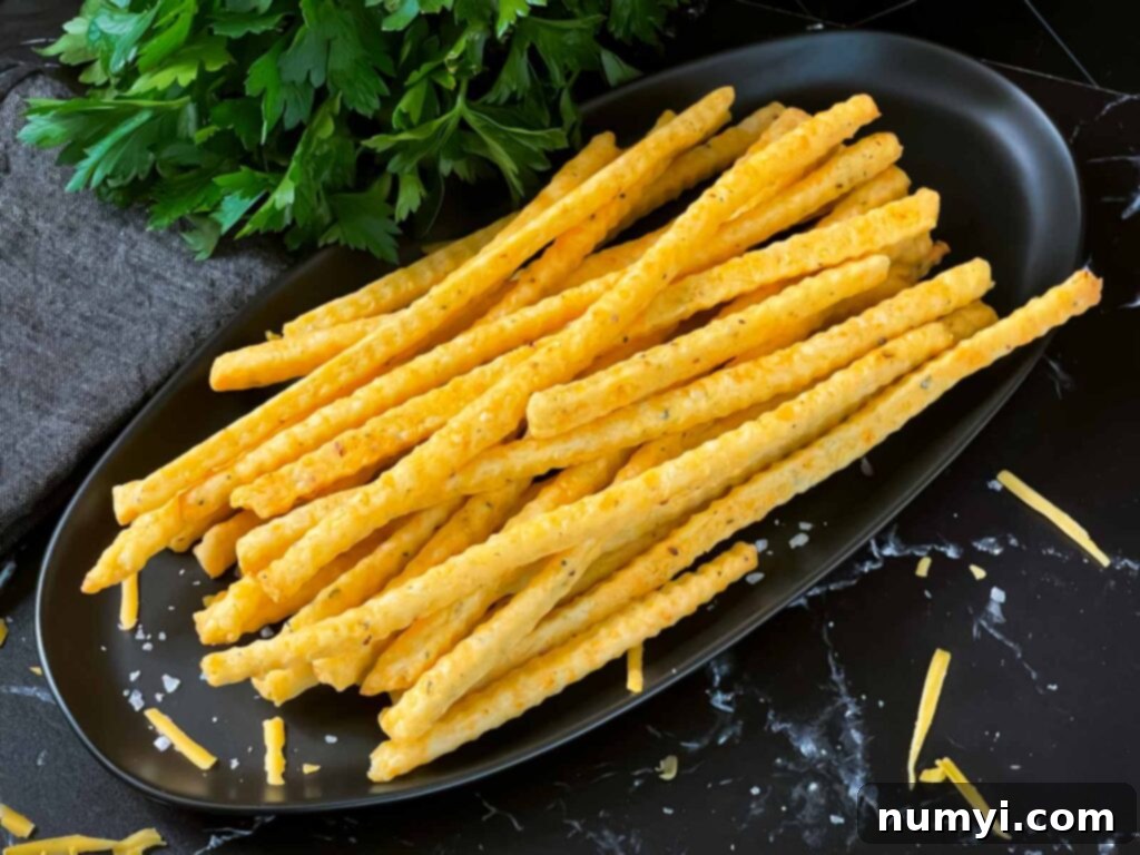 Crispy Cheddar Herb Sticks 2 A close-up shot of perfectly baked cheddar and herb cheese straws arranged artfully on a sleek black plate, showcasing their golden-brown color and crispy texture.