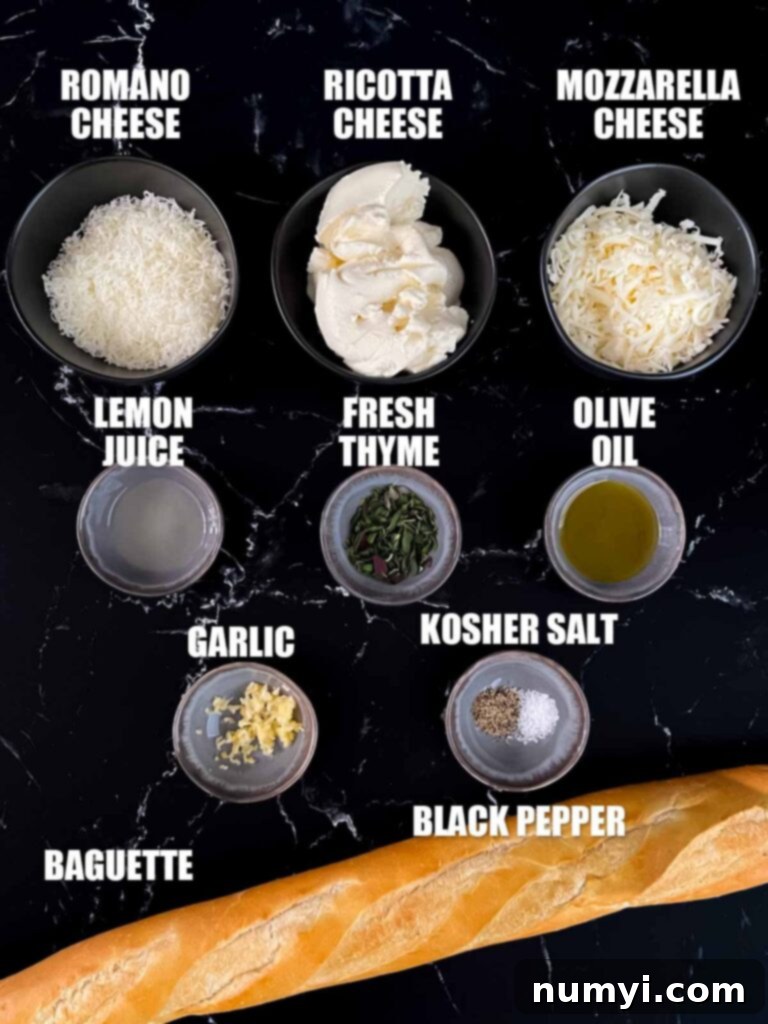 Creamy Baked Ricotta 3 Fresh ingredients, including ricotta cheese, garlic, lemon, thyme, olive oil, salt, and pepper, artfully arranged on a wooden board for Baked Ricotta Dip.