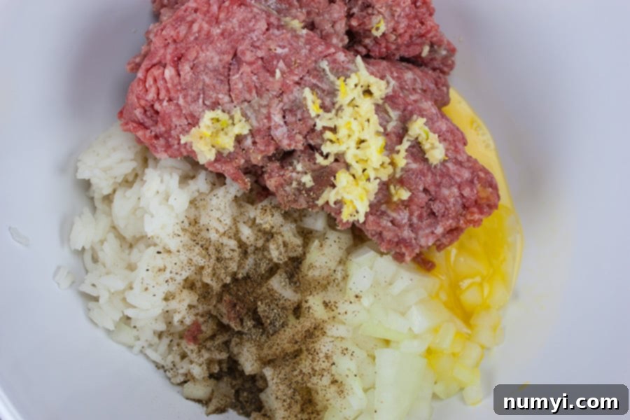 A white bowl filled with the ground beef, rice, and seasonings mixture for easy stuffed cabbage rolls, ready for preparation.