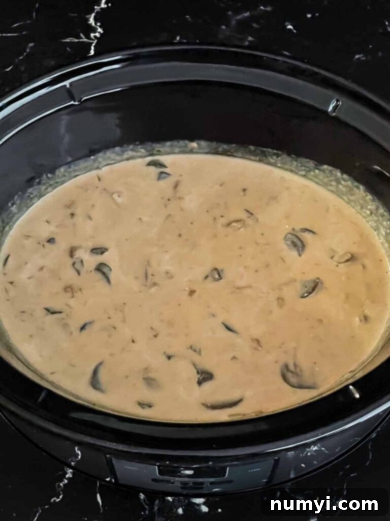 Beef stroganoff in a slow cooker.