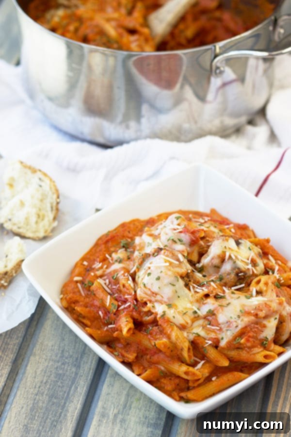 A generous bowl of creamy marinara meatballs and penne pasta, garnished with fresh basil, accompanied by crusty bread, with the full pot of the dish gently simmering in the background.