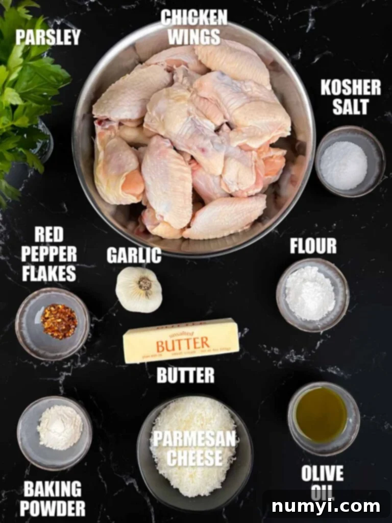 Ingredients needed to make garlic parmesan chicken wings.