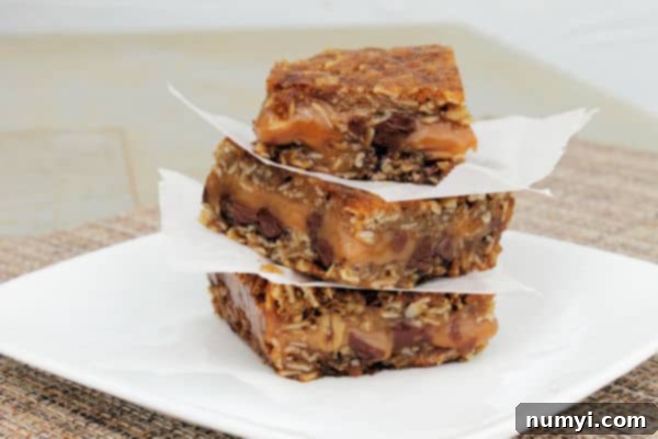 Decadent Carmelita Chocolate Caramel 2 carmeltia Chocolate Caramel bars stacked on top of each other with parchment paper between
