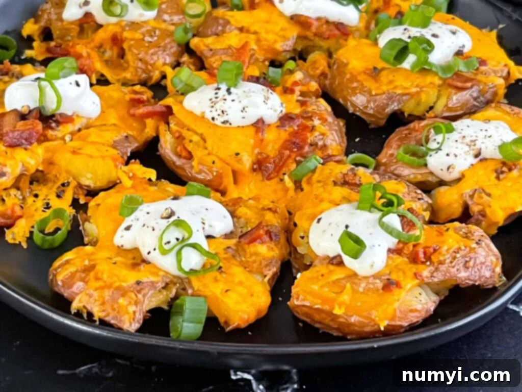 Loaded smashed potatoes on a black serving plate.