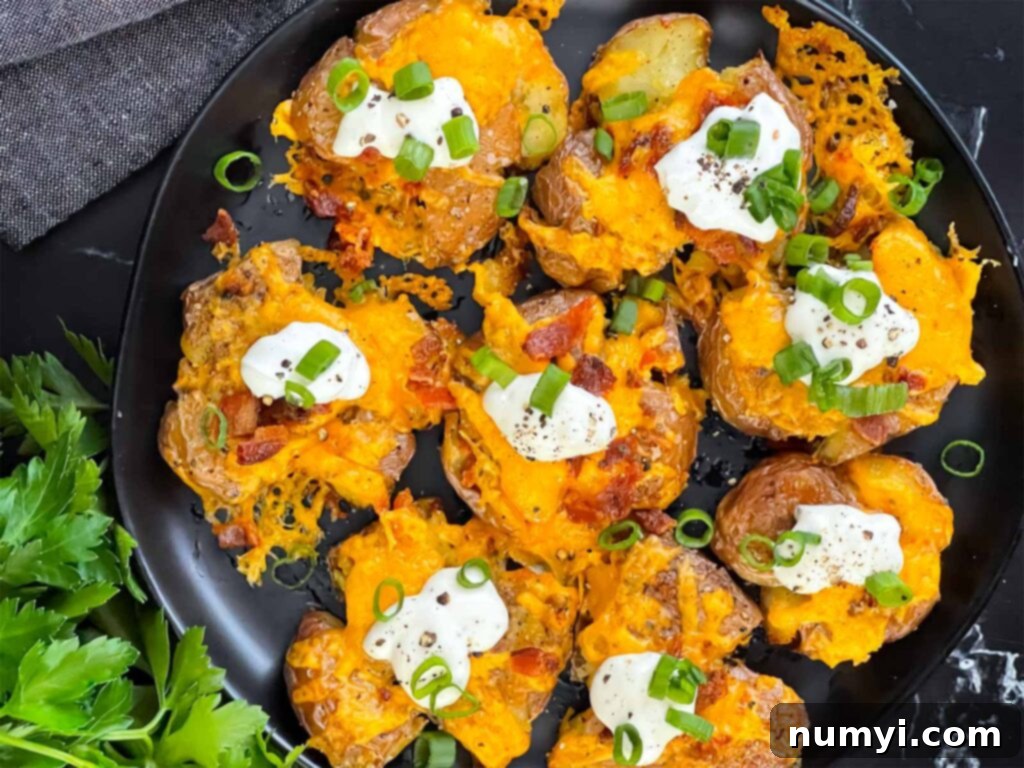 Loaded smashed potatoes on a black serving plate.