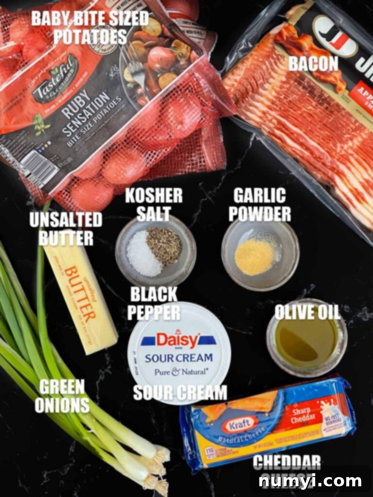 Ingredients needed for loaded smashed potatoes.