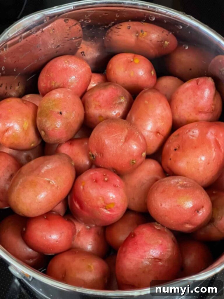 Baby potatoes in a saucepan.