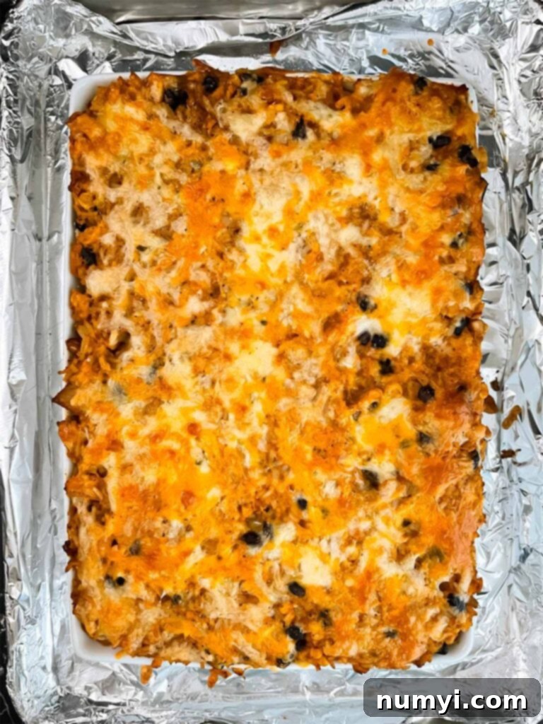 Freshly baked chicken enchilada rice casserole, hot and bubbly from the oven.
