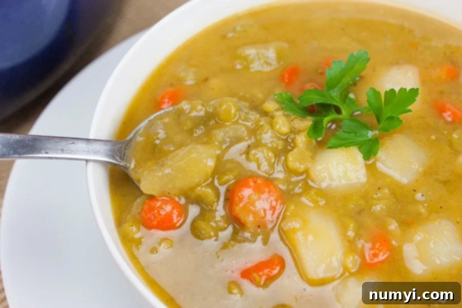 A steaming bowl of vibrant green vegan split pea soup, garnished with fresh herbs, ready to be enjoyed.