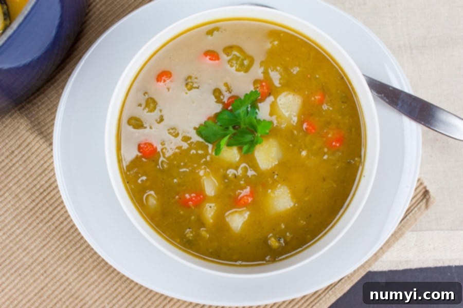 A close-up shot of a bowl of creamy green split pea soup, showcasing its rich texture and inviting warmth.