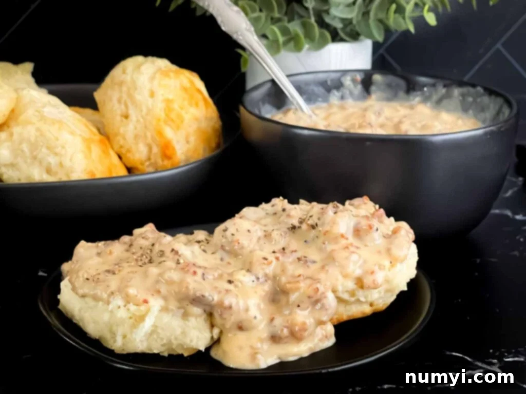 Effortless Country Sausage Gravy 2 Biscuits and sausage gravy on a black plate.