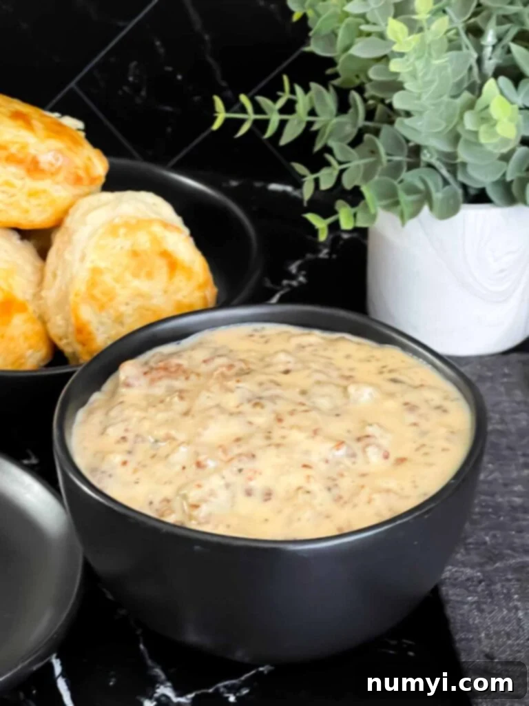 Effortless Country Sausage Gravy 8 Sausage gravy in a black bowl.