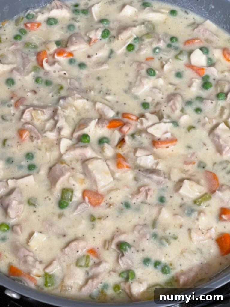 The fully combined chicken, vegetable, and creamy sauce mixture in a skillet, ready for the casserole dish.