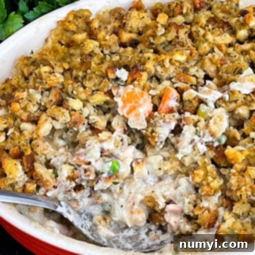 Chicken Stuffing Casserole in a baking dish.