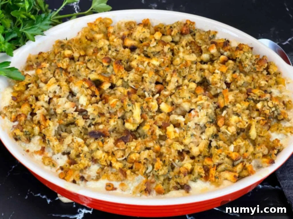Close-up of baked Chicken Stuffing Casserole showing crispy topping and creamy filling.