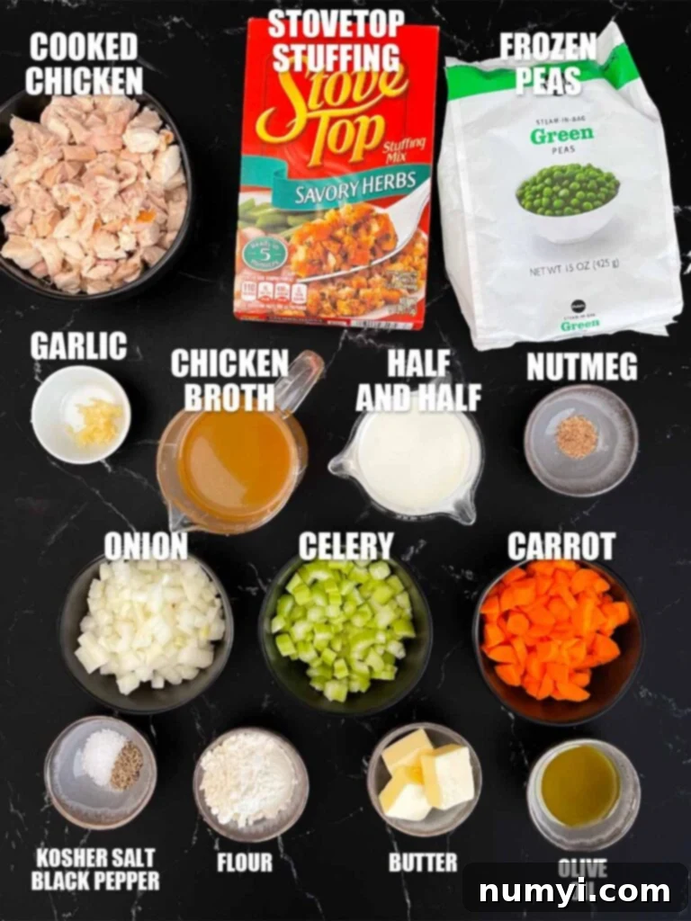 Various fresh ingredients laid out on a kitchen counter, ready for making Chicken Stuffing Casserole.