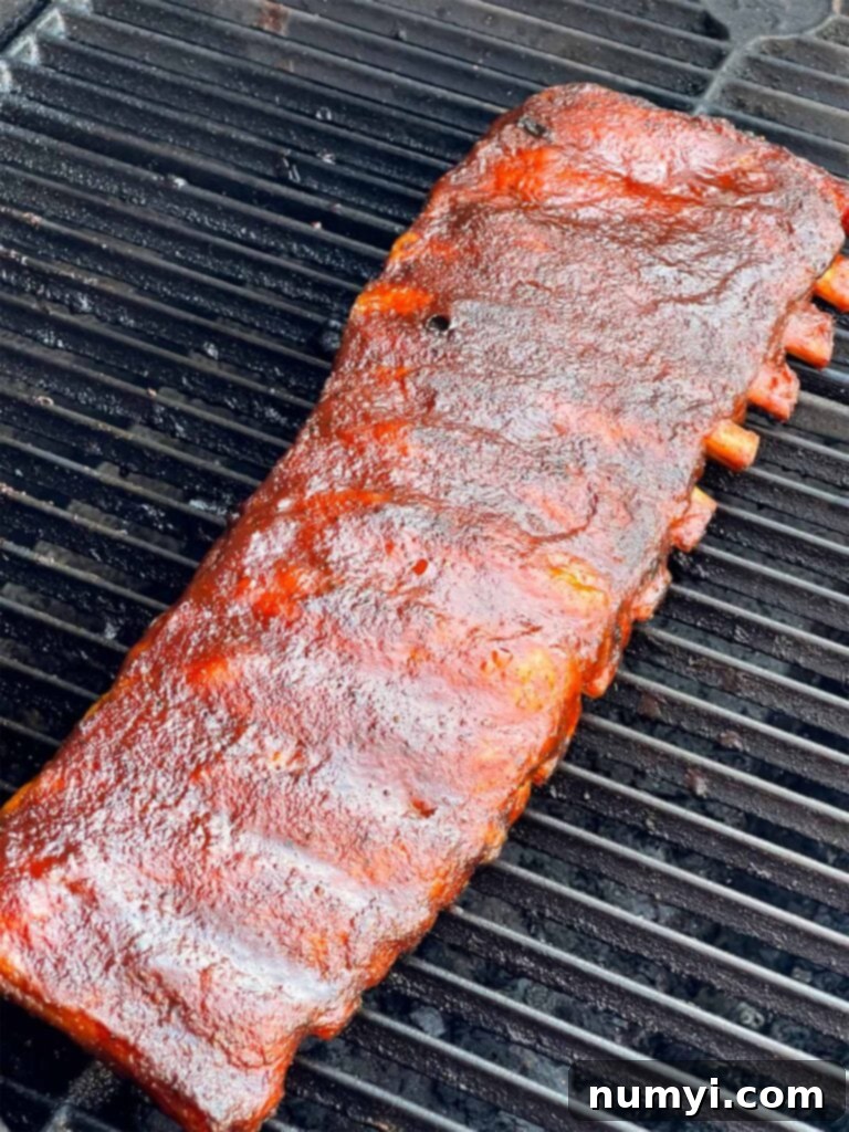 A glistening rack of Kansas City style ribs on the smoker, with sauce perfectly set.