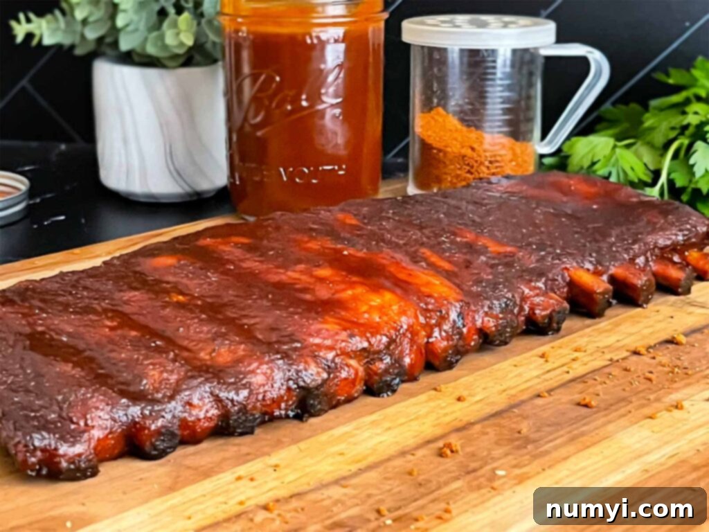Perfectly smoked Kansas City style ribs on a wooden cutting board, ready to be sliced.