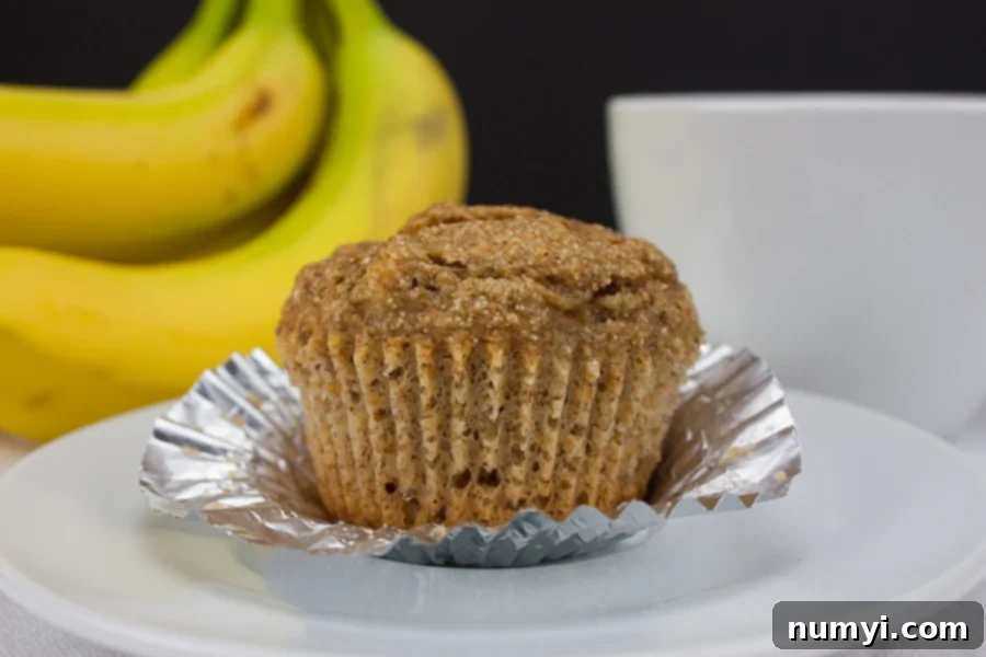 A single healthy whole wheat banana muffin with its cupcake wrapper peeled down, revealing its moist and tender interior.