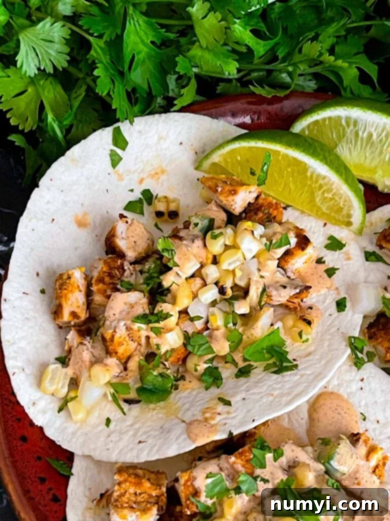 Delicious grilled Southwest chicken tacos, garnished with fresh cilantro and lime wedges.