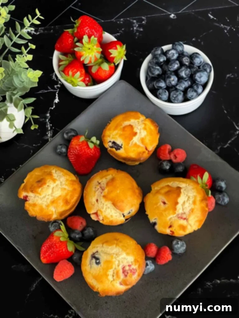 Mixed berry muffins on a dark serving platter with fruit in the background.