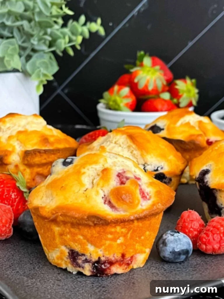 Mixed berry muffins on a dark serving platter with fruit in the background.