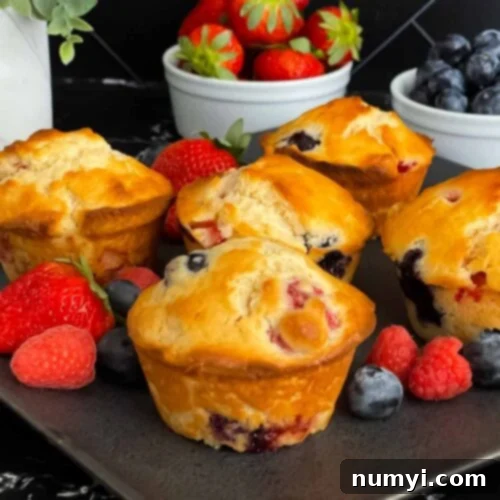 Mixed berry muffins on a black serving plate with fruit in the background.