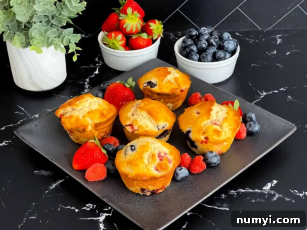 Mixed berry muffins on a dark serving platter with fruit in the background.