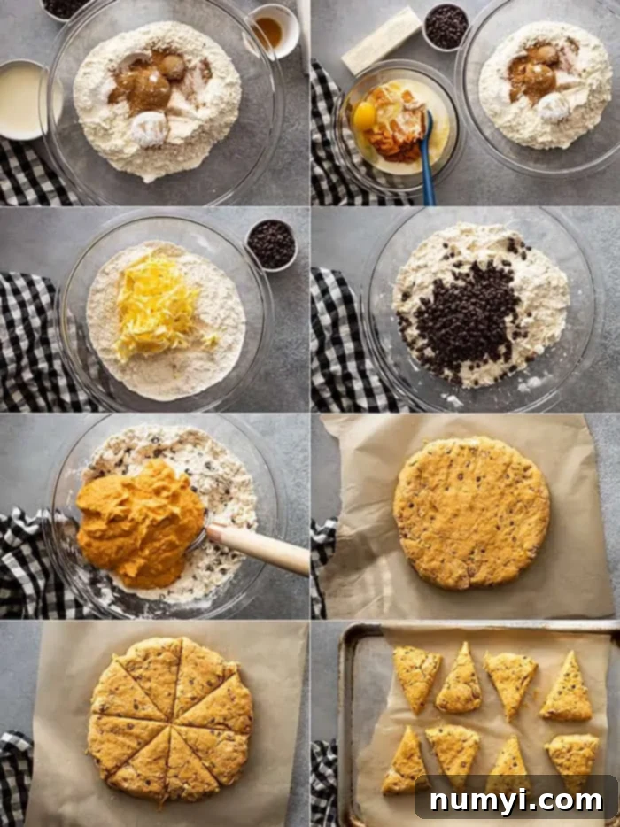 Eight step-by-step pictures illustrating the process of making pumpkin chocolate chip scones, from mixing ingredients to shaping the dough.