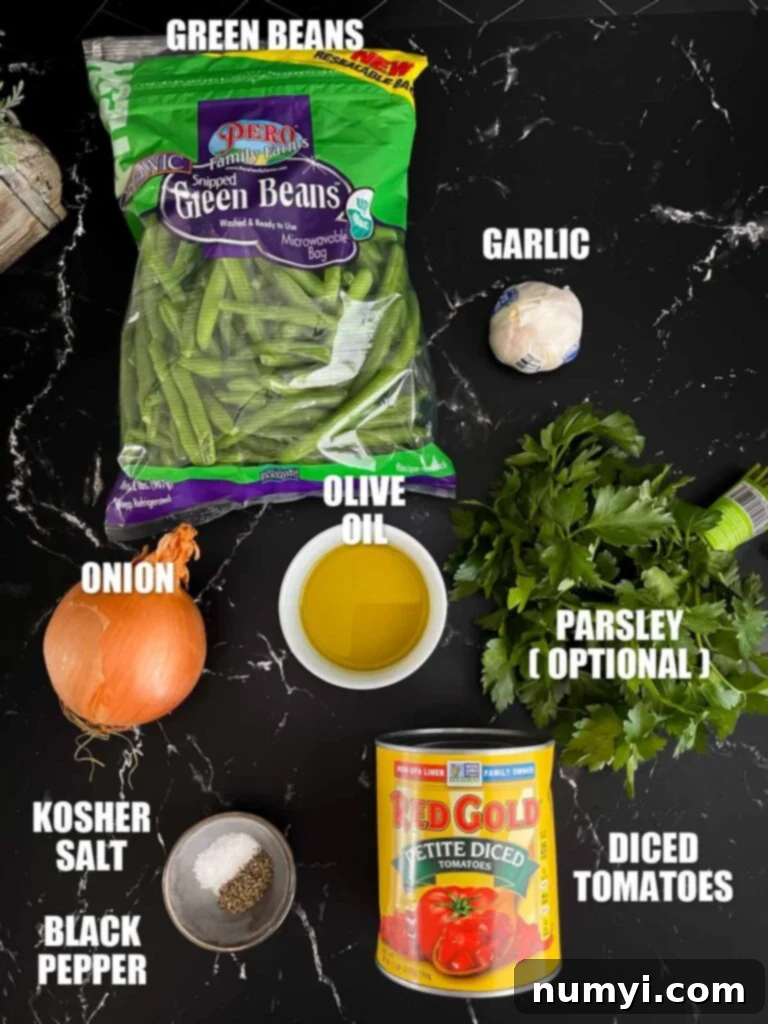 Ingredients needed to make Green beans with tomato sauce.