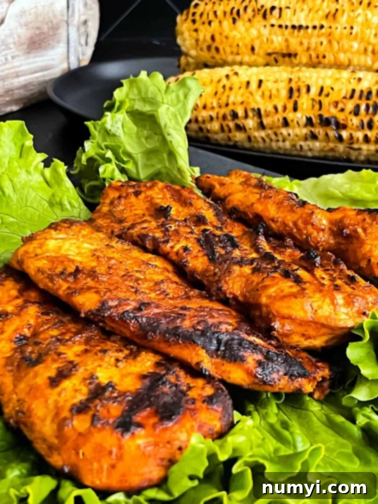 Grilled Southwest chicken with roasted corn and other vegetables.