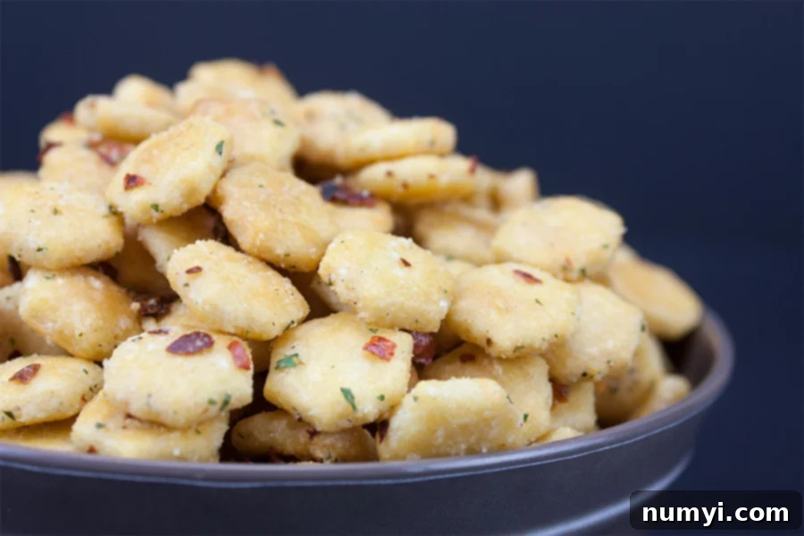 Bowls of spicy seasoned oyster crackers, a highly addictive and easy-to-make party snack.