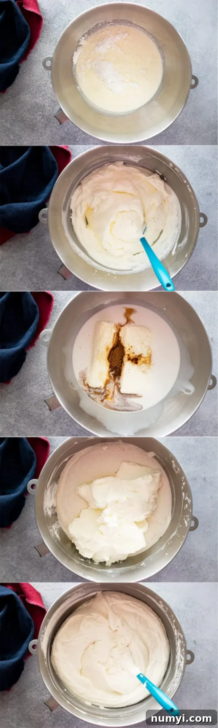 Pictures showing how to make the coconut cheesecake filling.