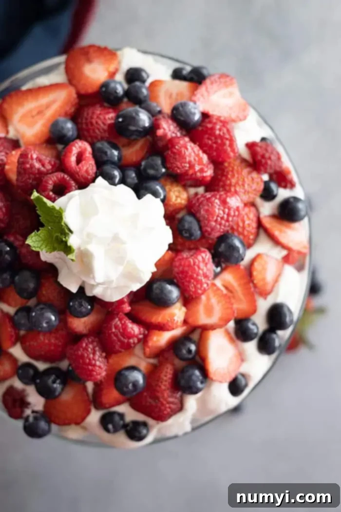 Overhead view of trifle showing the pretty berries on top. Garnished with whipped cream and fresh mint.