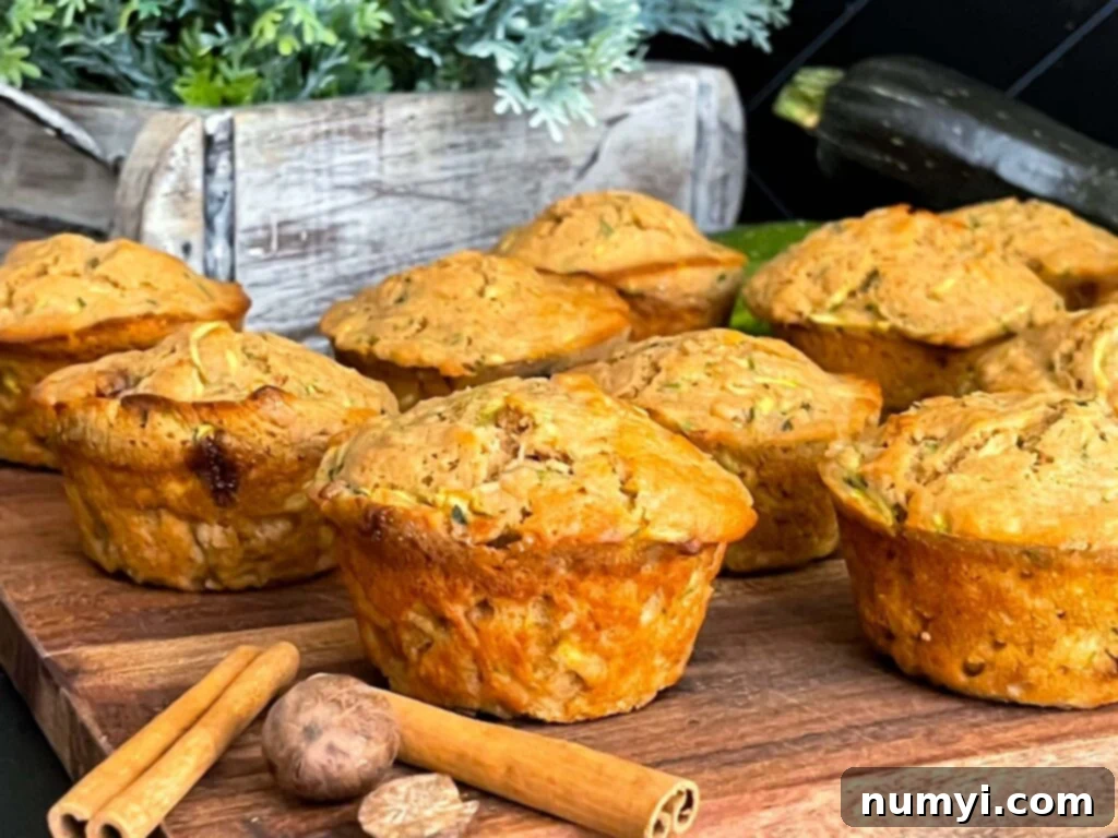 Freshly baked zucchini muffins arranged beautifully on a rustic cutting board, garnished with whole cinnamon sticks and nutmeg, ready to be enjoyed.