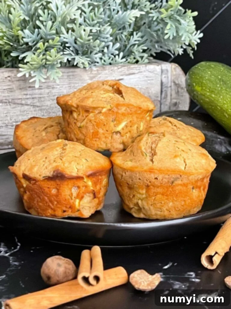 Two beautifully baked zucchini muffins displayed on a dark ceramic plate, elegantly accented with whole cinnamon sticks and nutmeg, creating a warm and inviting presentation.
