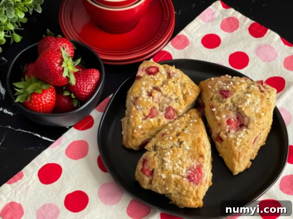 Luscious Strawberry Scones 2 Freshly baked strawberry scones on a dark plate, golden brown and garnished with powdered sugar.