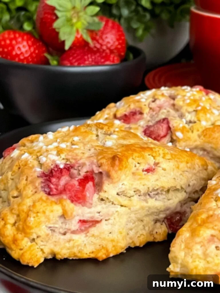 Luscious Strawberry Scones 11 Two strawberry scones on a dark plate, garnished with fresh strawberries and powdered sugar.