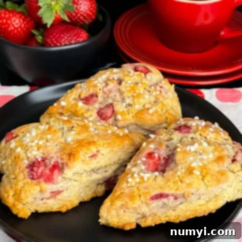 Luscious Strawberry Scones 12 Delicious homemade strawberry scones on a dark plate, ready to be served.