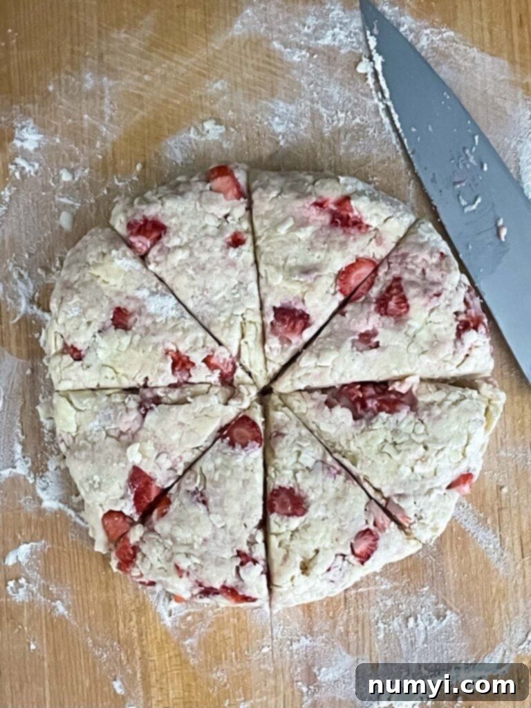 Luscious Strawberry Scones 8 Strawberry scone dough shaped into a round and cut into 8 wedges before baking.
