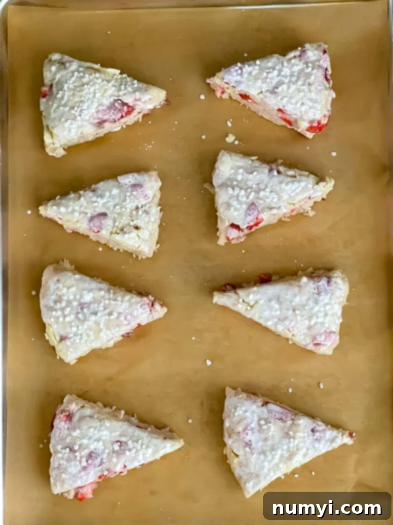Luscious Strawberry Scones 9 Unbaked strawberry scones arranged on a baking sheet, brushed with heavy cream and sprinkled with coarse sugar.