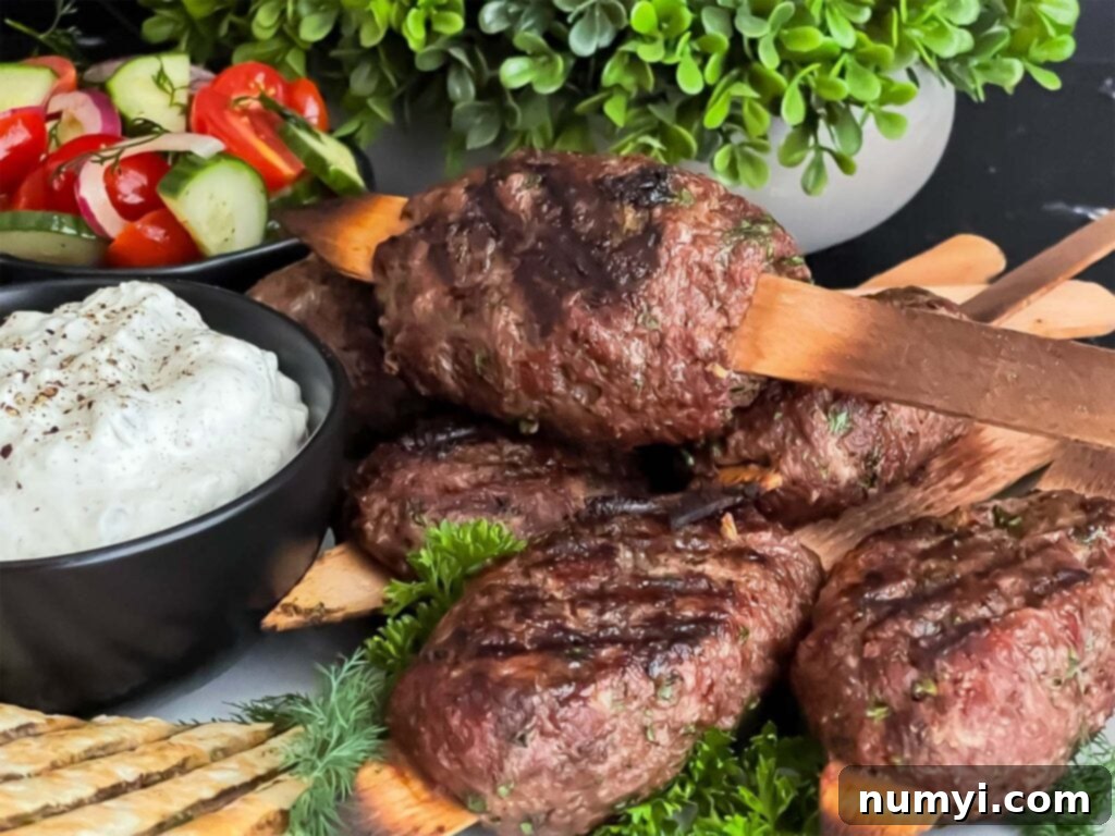 Spiced beef kebabs (kofte) with pita, tzatziki sauce, and a tomato cucumber salad.
