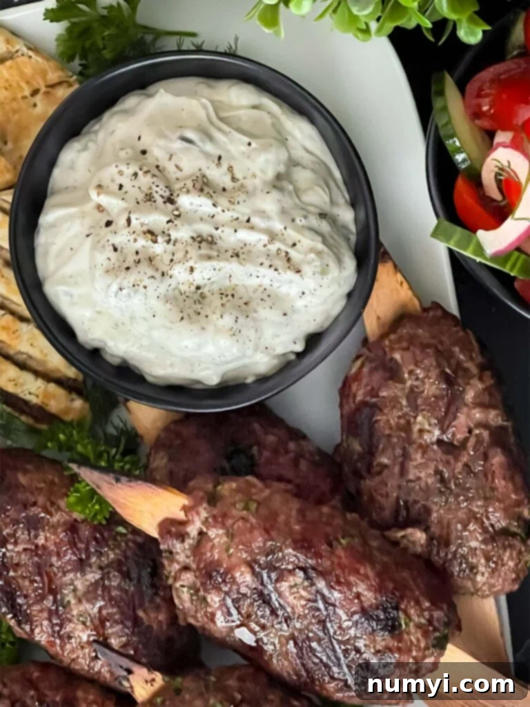 Spiced beef kebabs (kofte) with pita, tzatziki sauce, and a tomato cucumber salad.