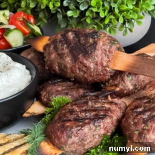 Spiced beef kebabs (kofte) with pita, tzatziki sauce, and a tomato cucumber salad.