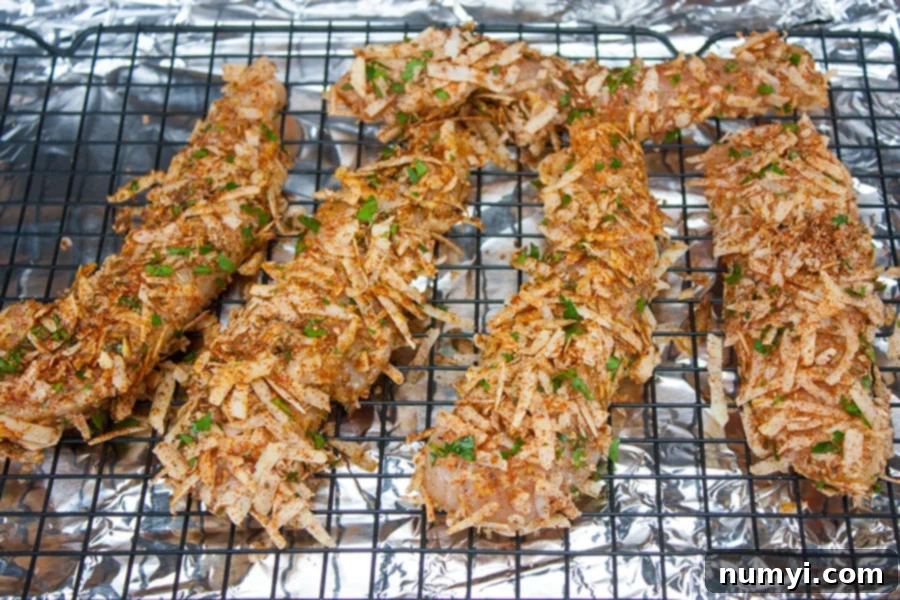 Unbaked parmesan crusted chicken tenders on a wire rack over a foil-lined baking sheet.