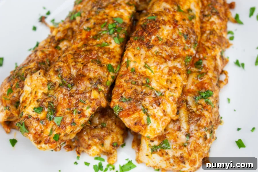 Parmesan crusted chicken tenders stacked on a light plate garnished with minced parsley.
