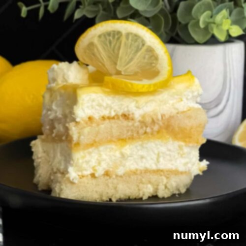 Limoncello tiramisu serving on a dark plate on a dark surface.