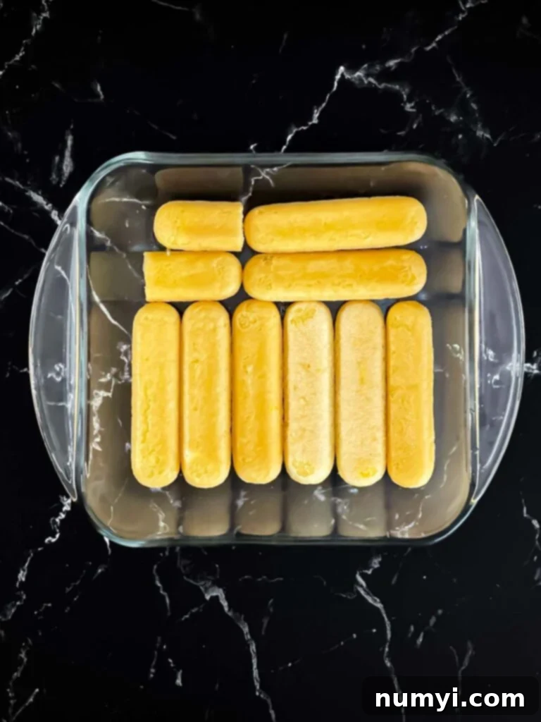 Lemon syrup-dipped ladyfingers neatly lining a glass baking dish, forming the first layer of tiramisu.