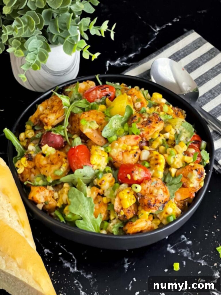 Fresh Grilled Shrimp and Corn Salad 16 Serving of Grilled Shrimp and Corn Salad in a dark bowl, garnished with fresh herbs.