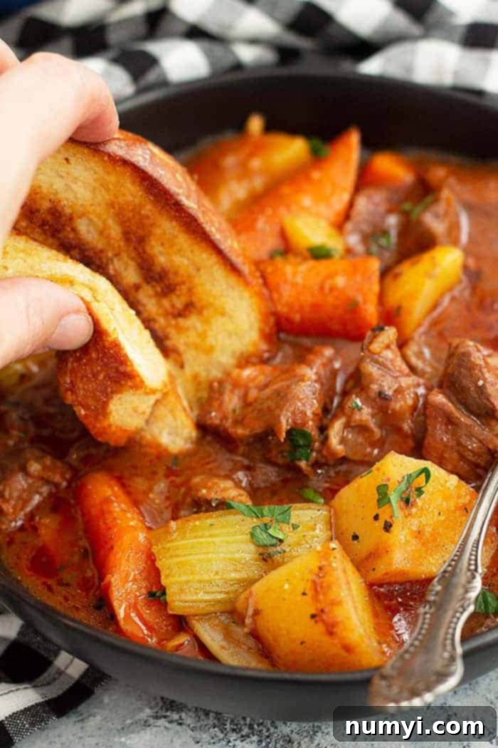 closeup: a hand dunking a piece of bread into a bowl of hearty beef stew with veggies and beef showing